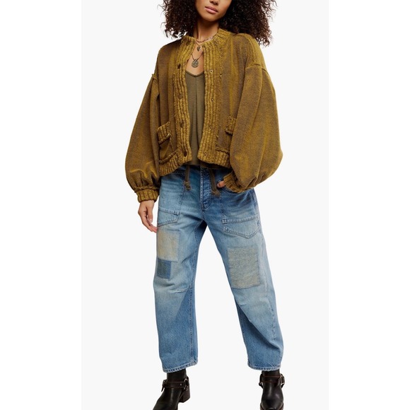 Free People Cute In This Cardigan Fir Green Sweater Size Large Bomber Collar NWT - Picture 4 of 4